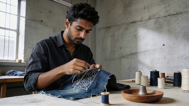 Stitching male artisan in dark shirt on partly sewn square, sewing denim in studio, forming pattern