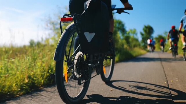 Low-angle close-up of a cyclist pedaling legs and rear wheel on a paved section of the EuroVelo 10 cycle route in the Danish countryside on a sunny summer day