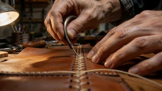 Poising awl above holes, leatherworker hands pulling lace to complete seam at bench in flannel