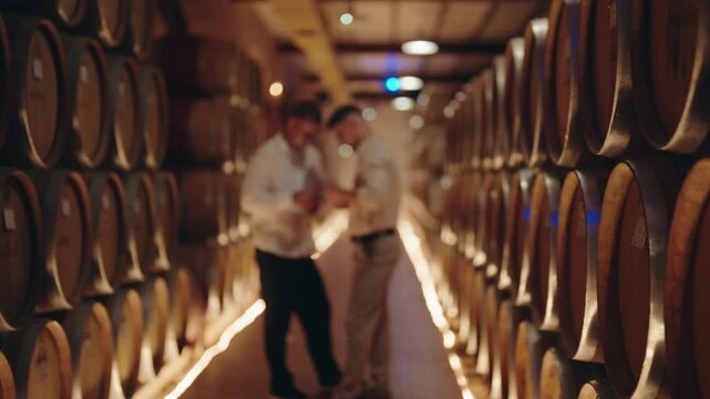 Two professional male winemakers tasting and smelling red wine from glasses in a traditional cellar with wooden barrels, evaluating the color, aroma, and taste during the aging process