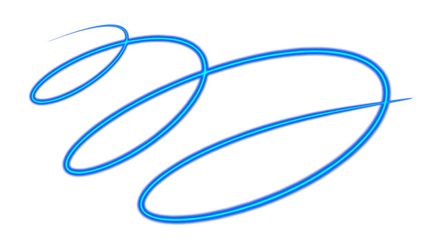 Glowing neon blue spiral scribble line isolated on transparent background. Hand-drawn light trail swirl, illuminated energy streak for social media graphics and and photo retouching overlays.