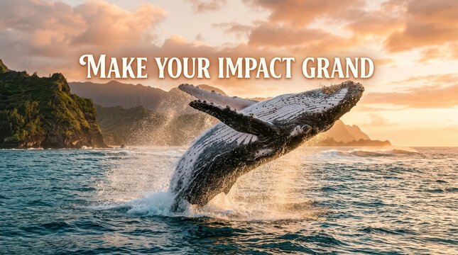 Humpback Whale Breaching in Tropical Ocean at Sunset with Inspirational Quote