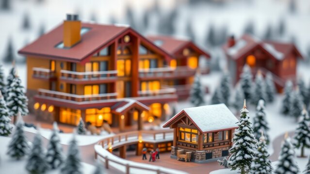 Tilt shift miniature winter resort with cozy chalets and snow