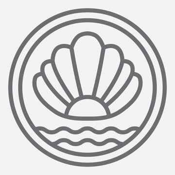 Shell badge line icon, maritime concept. Vector graphics. Seashell over the waves sign with outline style icon for mobile or web