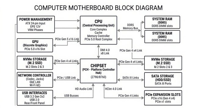 Detailed computer motherboard block diagram for technical illustration