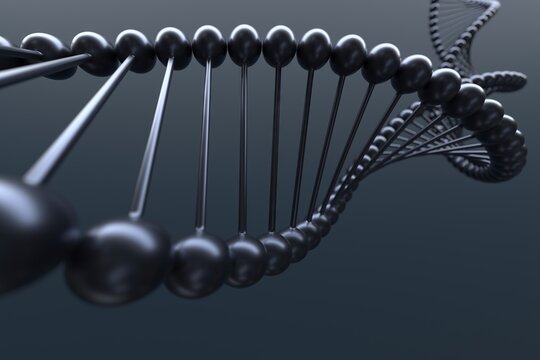 Metallic dna double helix closeup on dark background for science and biomedical poster and molecular illustration
