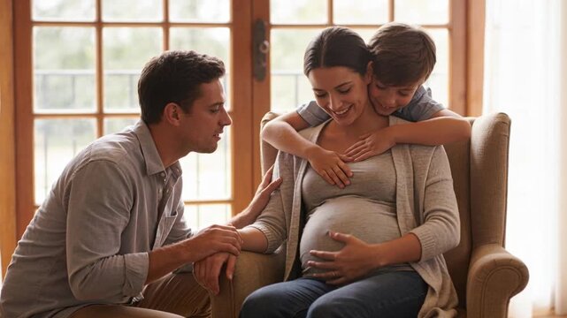 Talking dad reaching, boy hugging bump trying to feel baby, mom wearing cardigan in home armchair