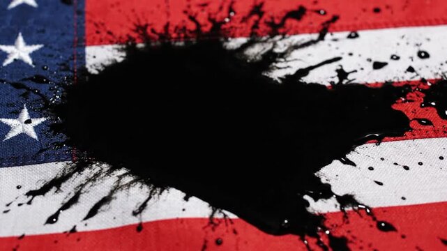 Black oil splatter covering stars and stripes of American flag