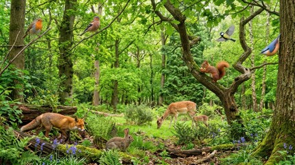 Fototapeta premium Diverse woodland animals in a lush green forest scene with bluebells