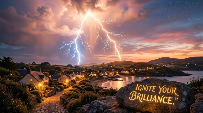 Dramatic Lightning Strike Over Coastal Village with Inspirational Quote on Rock