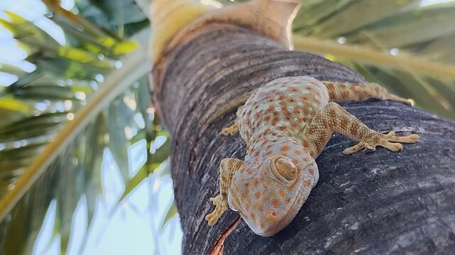 Tokay gecko resting on a palm tree trunk outdoors