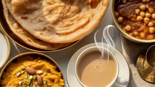 Traditional indian breakfast featuring warm naan bread steaming masala chai and savory chickpea curry served in elegant golden metal bowls