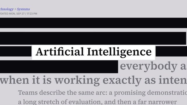 Redacted article text with black bars closing in until only artificial intelligence stays visible