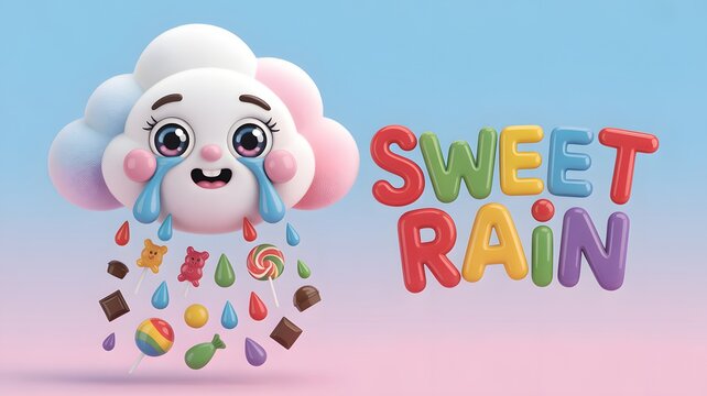 Cute 3d cloud character shedding colorful candy rain with sweet treats falling down in a soft pastel gradient sky scene