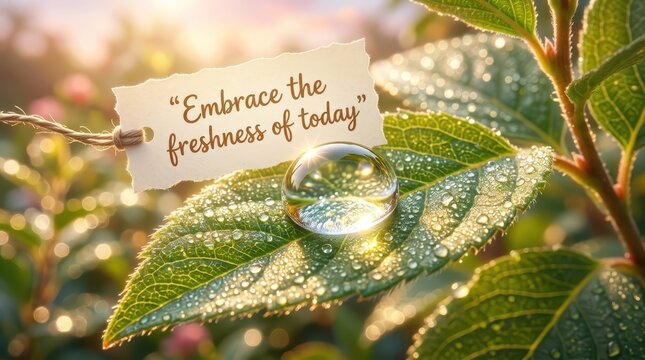 Embrace the Freshness of Today Inspirational Quote on a Dewy Green Leaf in Morning Sunlight