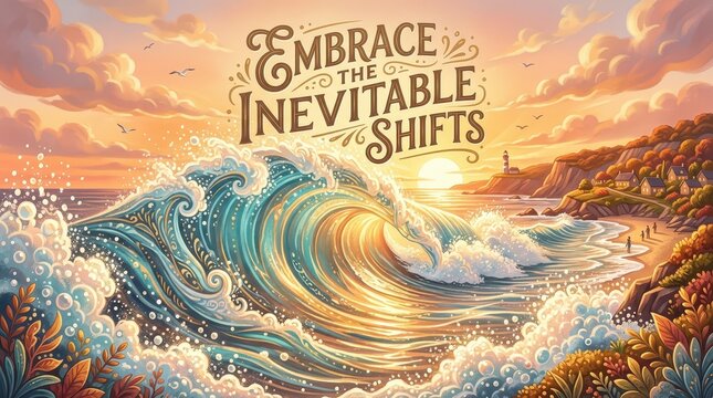 Embrace the Inevitable Shifts Inspirational Typography Art with Ocean Wave at Sunset