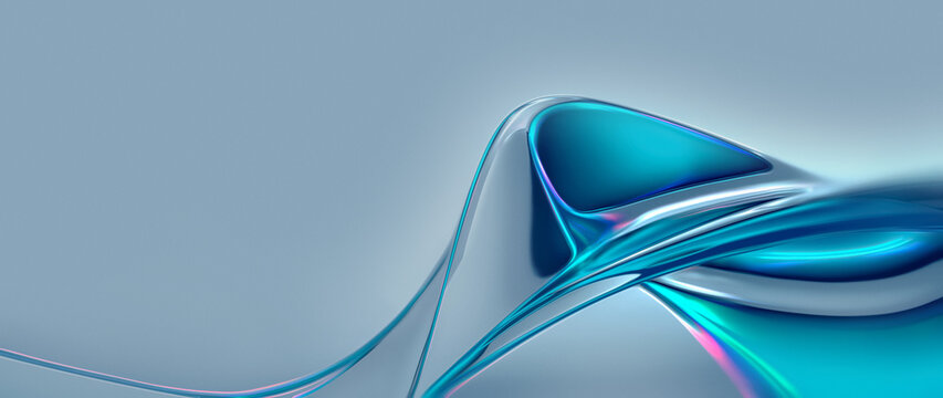 Abstract Fluid Glass Wave Backdrop with Turquoise Geometric Shapes and Neon Reflection Lines