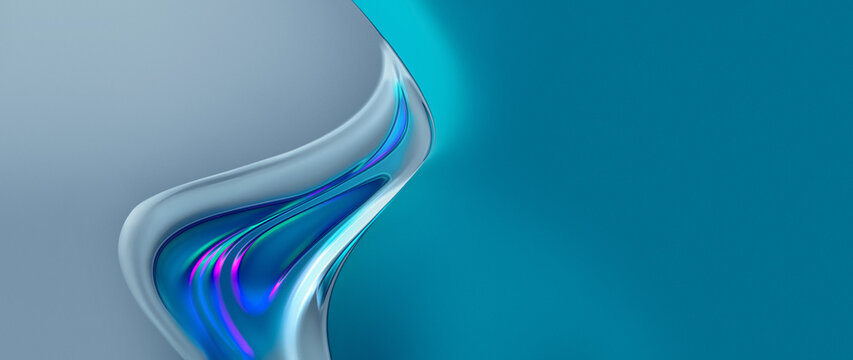 Abstract Glass Wave Background with Turquoise Fluid Shapes and Neon Gradient Refraction Lights