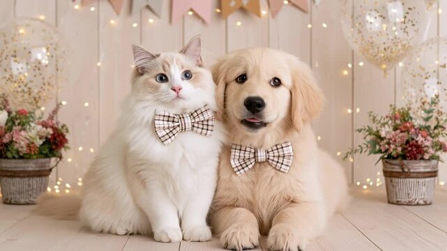 Fluffy cat and golden retriever puppy wearing matching bow ties