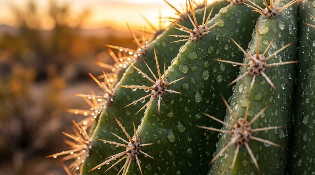 Macro close-up of a green desert cactus with sharp spines and morning dew desert plant dew drops sharp thorns water droplets desert flora succulent plant nature texture moist cactus close