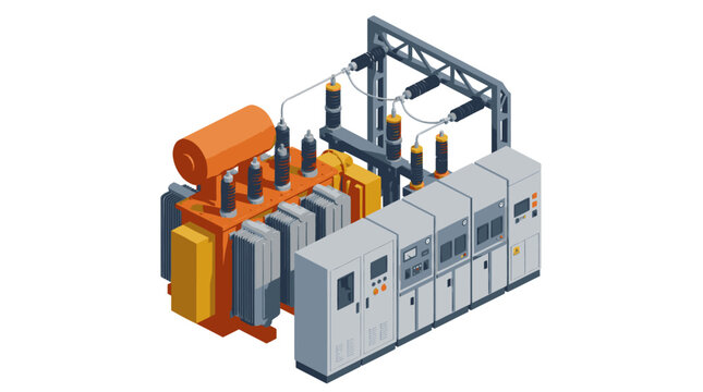 Sleek Isometric of Industrial Power Transformer and Electrical Control Panel with High Voltage Bushings Circuit Breakers and Monitoring Units