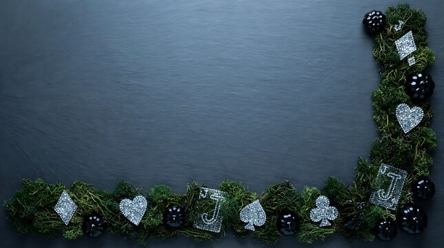 Botanical moss and playing card frame rests on a dark slate background