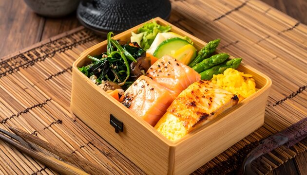 Colorful Japanese Bento Box with Sushi and Vegetables.