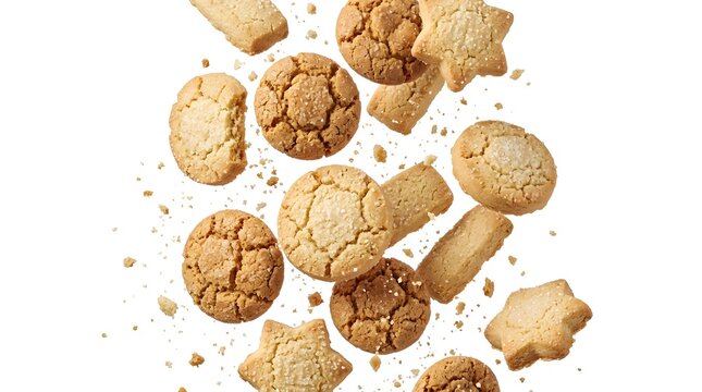 A variety of delicious cookies falling and scattering against a clean background. Various shapes and sizes of cookies are visible, some round, some star-shaped, and some rectangular.