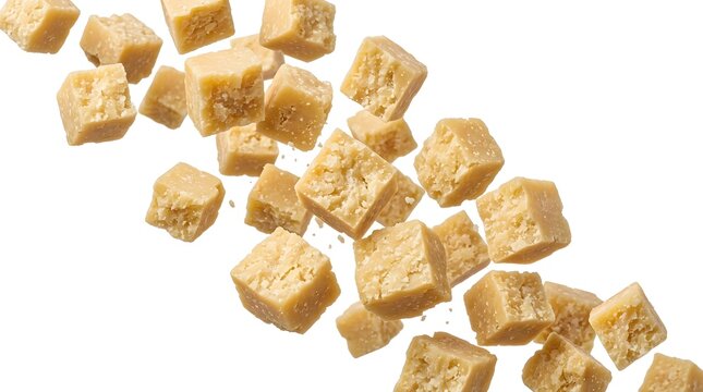 A pile of fudge cubes scattered across a white background