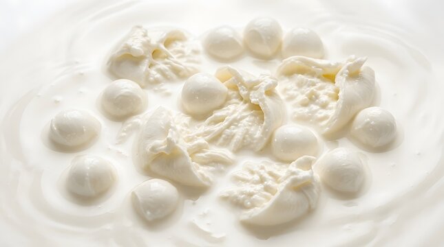 Fresh mozzarella cheese balls floating in creamy milk, a delightful dairy composition.
