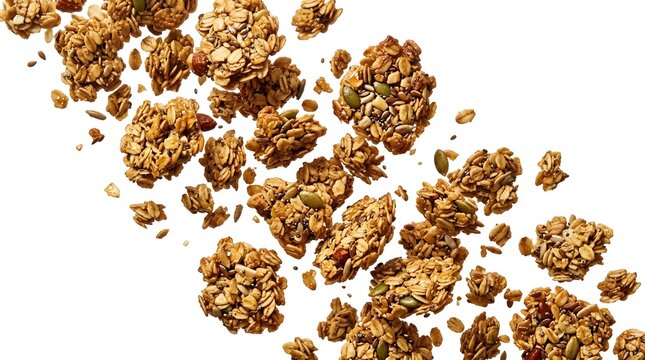 Clusters of granola with seeds and nuts scattered across a white background