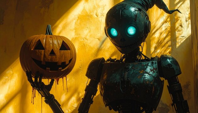 Dark witch robot holding jack o lantern pumpkin isolated on yellow 4