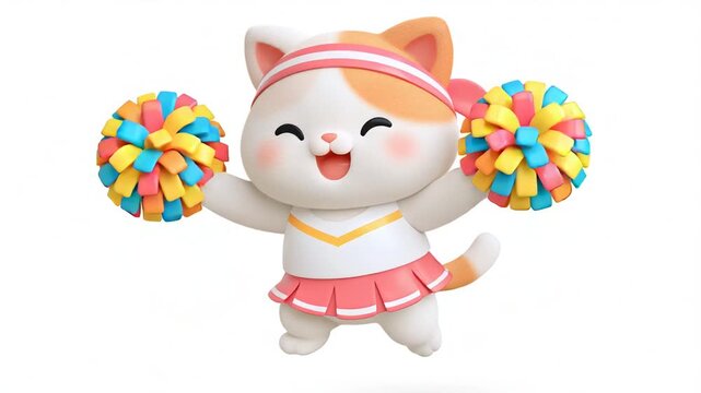 Cute cat cheerleader dancing with colorful pom poms