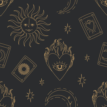 Esoteric magic seamless pattern with gold outline sun faces, crescent moon, flaming heart and tarot cards on dark background. Flat vector illustration