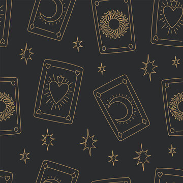 Esoteric magic seamless pattern with gold outline tarot playing cards, heart, moon and sun symbols on dark background. Flat vector illustration