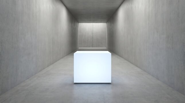 Minimalist white cube podium in a modern concrete industrial room with bright light