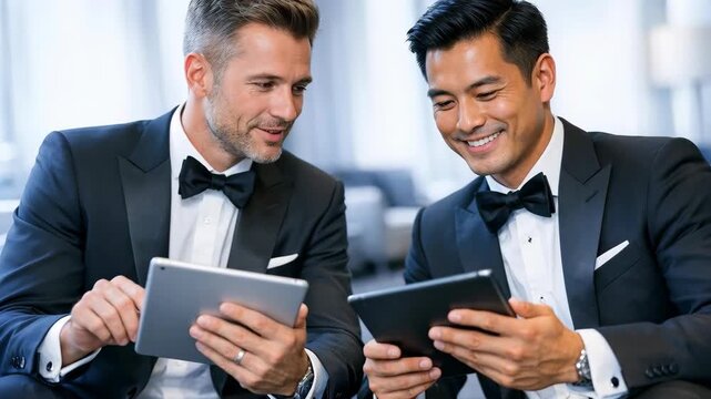 Two Men in Tuxedos Collaborating on Tablets in a Modern Lounge