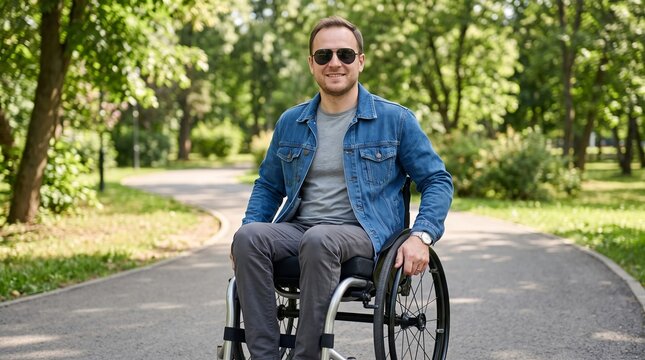 Happy caucasian wheelchair user enjoying a walk along the park path on a sunny day. Smiling disabled adult male spending leisure time in nature while living an active lifestyle.
