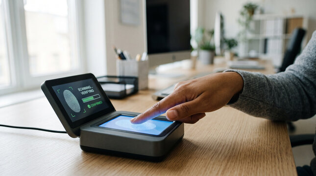 Person using biometric scanner on desk in modern office, identity verification and secure access technology