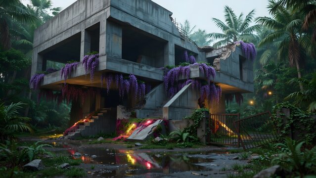 Abandoned modern concrete house overgrown with vibrant purple flowers in a lush misty tropical jungle with warm glowing night lights