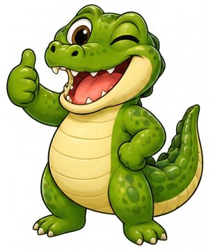 Green cartoon crocodile mascot winking and showing thumbs up gesture