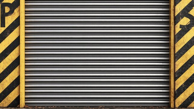 Closed industrial metal roller shutter door with hazard warning stripes and parking symbol