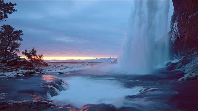 A majestic waterfall cascades into a rocky riverbed at sunset, with the sky transitioning from vibrant orange clouds to cool blue.