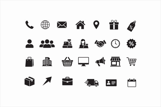 Business and E-commerce Icon Set. Comprehensive collection of black solid vector icons for contact, retail, shopping, and trade UI.