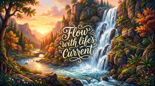 Flow With Life's Current Inspirational Quote Over A Beautiful Waterfall Landscape At Sunset