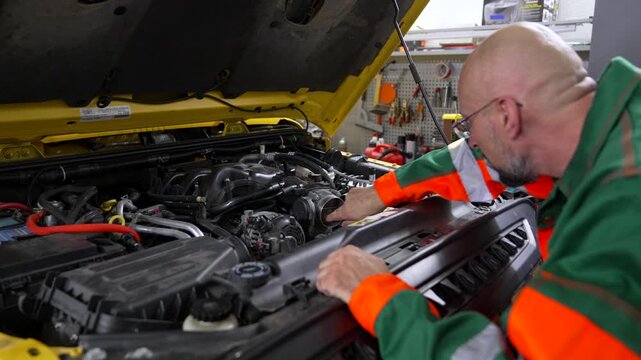 Technician works under open hood of yellow vehicle. He wears green and orange uniform with reflective stripes. Focused, he inspects engine components with tools