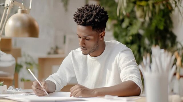 Confident young designer sketching in bright modern office with greenery