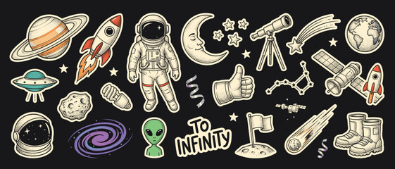 Space exploration sticker icons vector set with astronaut rocket ship planet alien ufo galaxy satellite constellation moon star comet comic retro style science fiction graphic elements © Cuddle