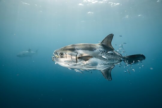 Large Silver Moonfish Trailed by Smaller Fish in Sunlit Open Ocean Depths