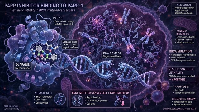 Molecular 3d rendering of a parp inhibitor binding to parp-1 in a brca-mutated cancer cell triggering apoptosis amidst a background of severe genomic instability